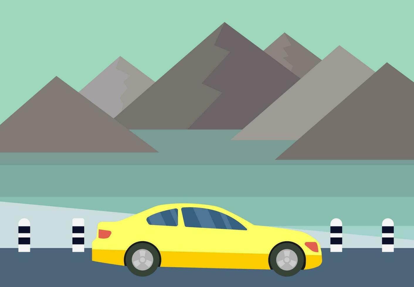 Jaune voiture sur le route contre le toile de fond de le mer et montagnes. vecteur illustration.