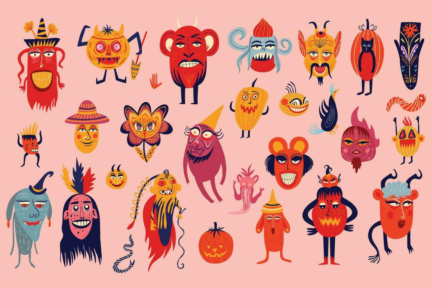 vibrant étrange laid Halloween personnages. mignonne bizarre bande dessinée personnages dans moderne plat main tiré style vecteur