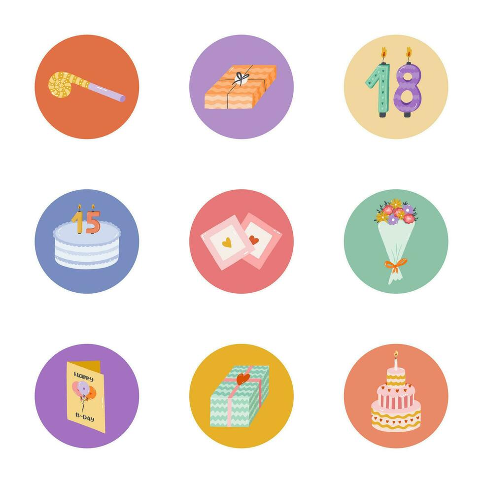 mignonne et branché points forts pour différent social médias, blogueurs et entreprises à propos anniversaire faire la fête, vacances, fête, anniversaire avec plat illustrations. vecteur main tiré clipart