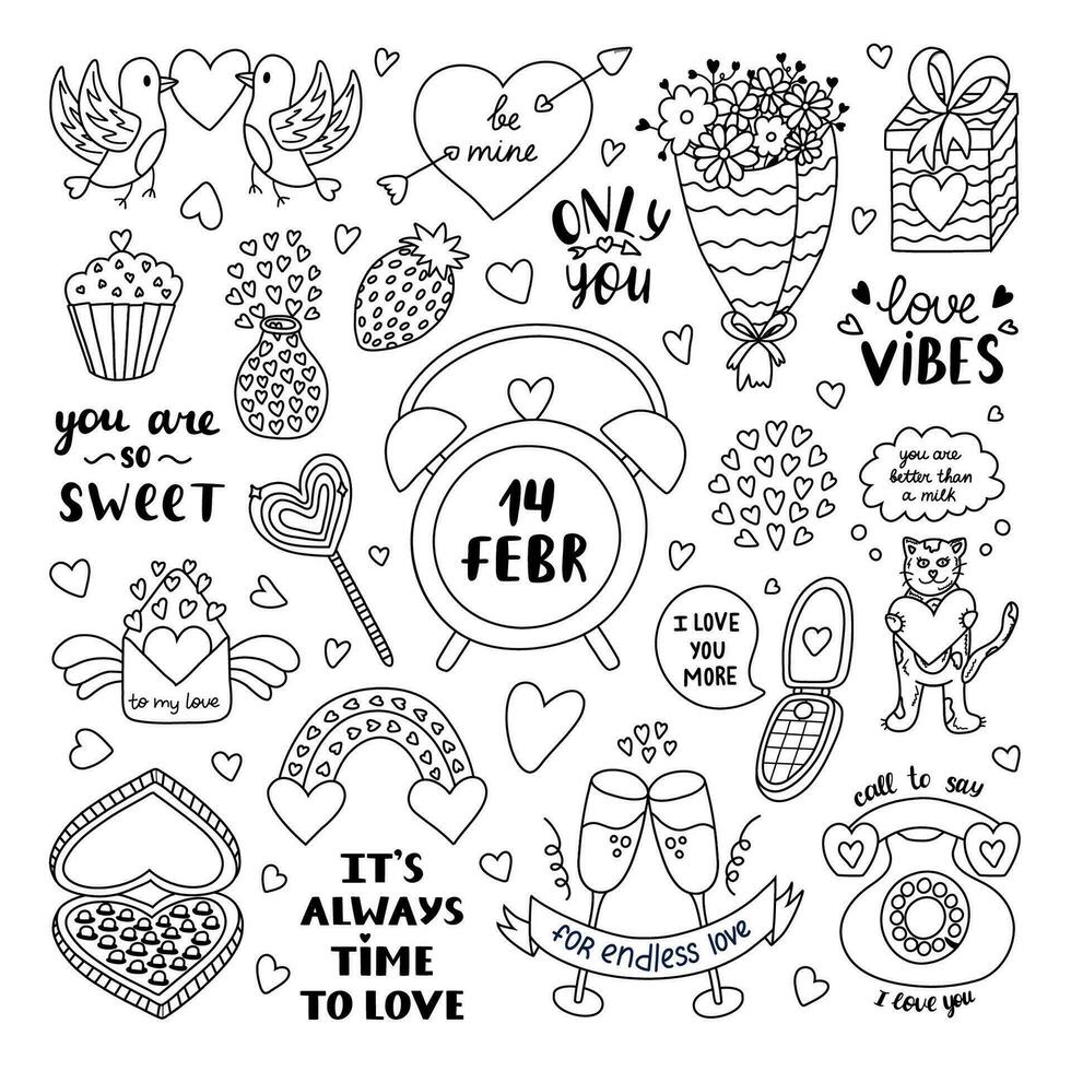 gros clipart et caractères ensemble pour st. la Saint-Valentin journée. Valentin main tiré isolé vecteur. vacances, aimer, romance concept. l'amour lettre, oiseau, cadeau, doux, Champagne, téléphone, arc-en-ciel, horloge, fleur. vecteur