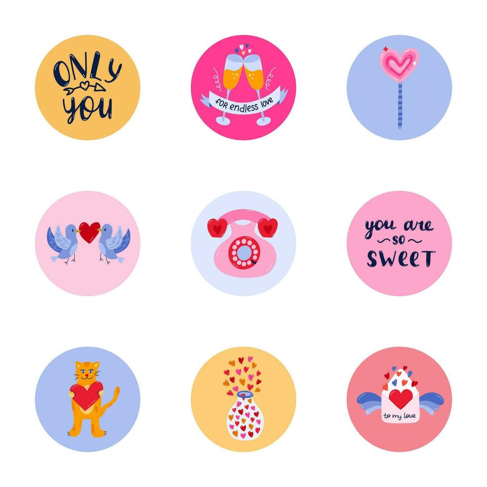 mignonne et branché points forts pour différent social médias, blogueurs et entreprises à propos st. la Saint-Valentin journée avec brillant illustrations. vecteur main tiré clipart. concept de aimer, romance, vacances.