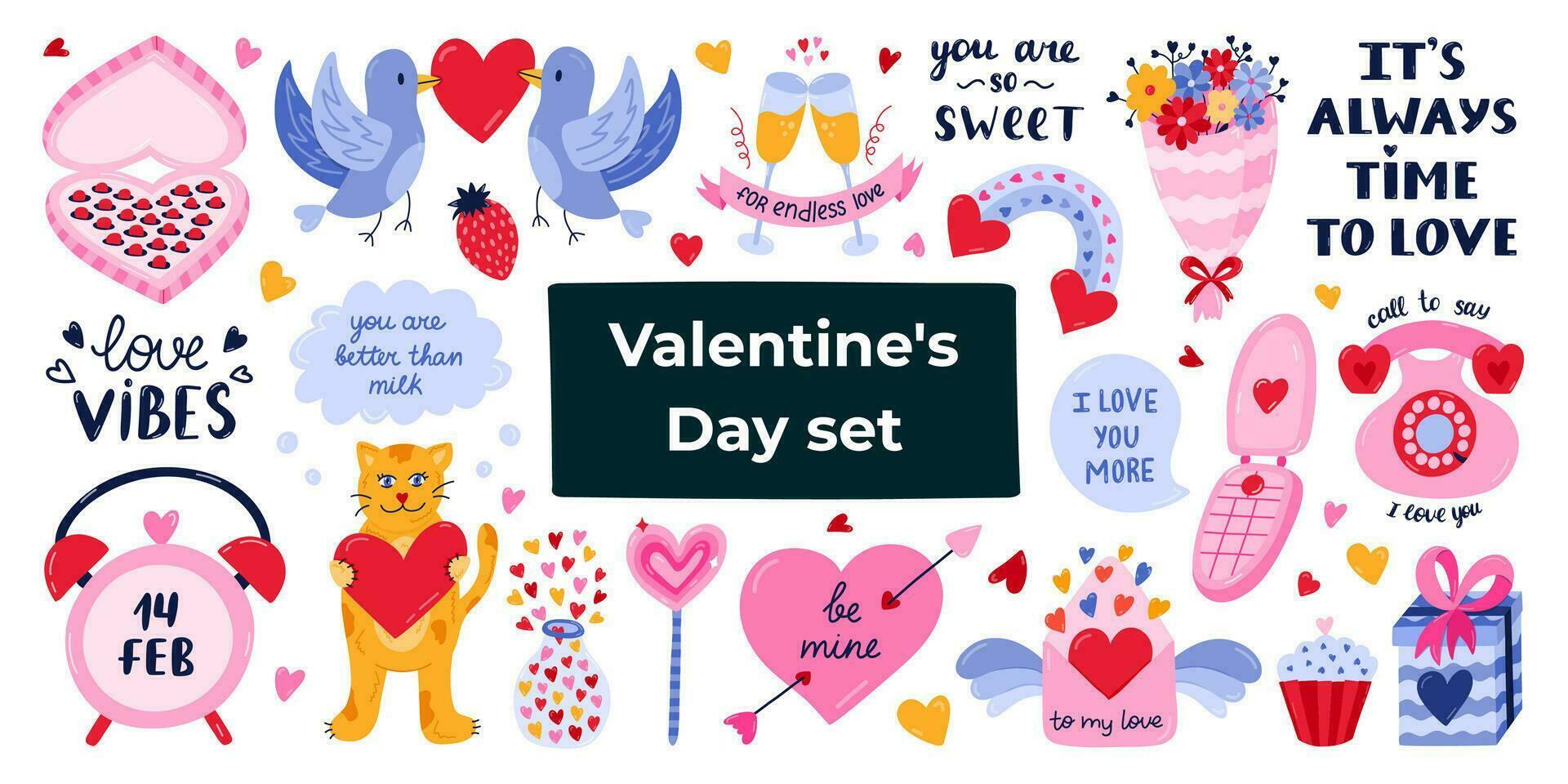 gros clipart et caractères ensemble pour st. la Saint-Valentin journée. Valentin main tiré isolé vecteur. vacances, aimer, romance concept. l'amour lettre, oiseau, cadeau, doux, Champagne, téléphone, arc-en-ciel, horloge, fleur. vecteur