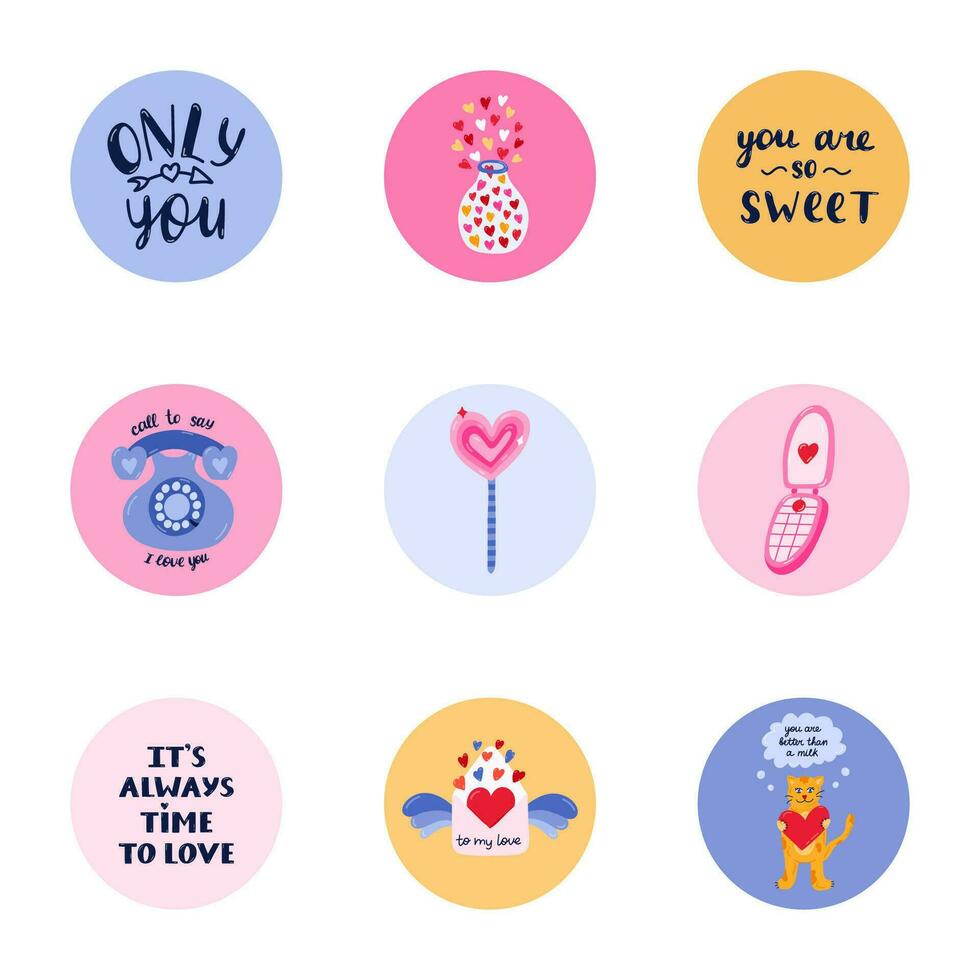 mignonne et branché points forts pour différent social médias, blogueurs et entreprises à propos st. la Saint-Valentin journée avec brillant illustrations. vecteur main tiré clipart. concept de aimer, romance, vacances.