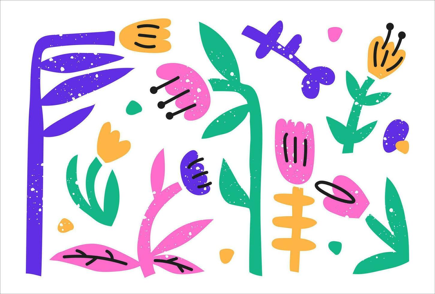 une ensemble de abstrait couleurs. brillant moderne des illustrations sur une blanc Contexte. enfants dessin de floraison les plantes vecteur