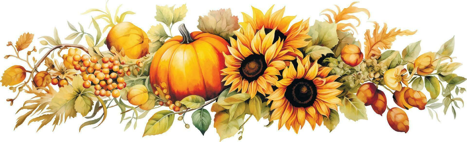 aquarelle dessin. l'automne composition avec récolte, avec citrouilles et tournesol fleurs dans ancien style. action de grâces carte décoration, l'automne, récolte Festival vecteur