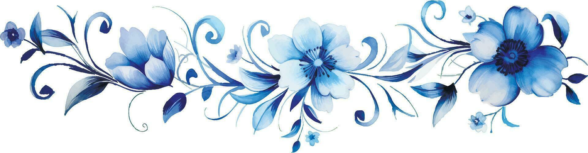 aquarelle dessin, frontière, Cadre de bleu fleurs et feuilles. ornement pour porcelaine, ancien impression vecteur