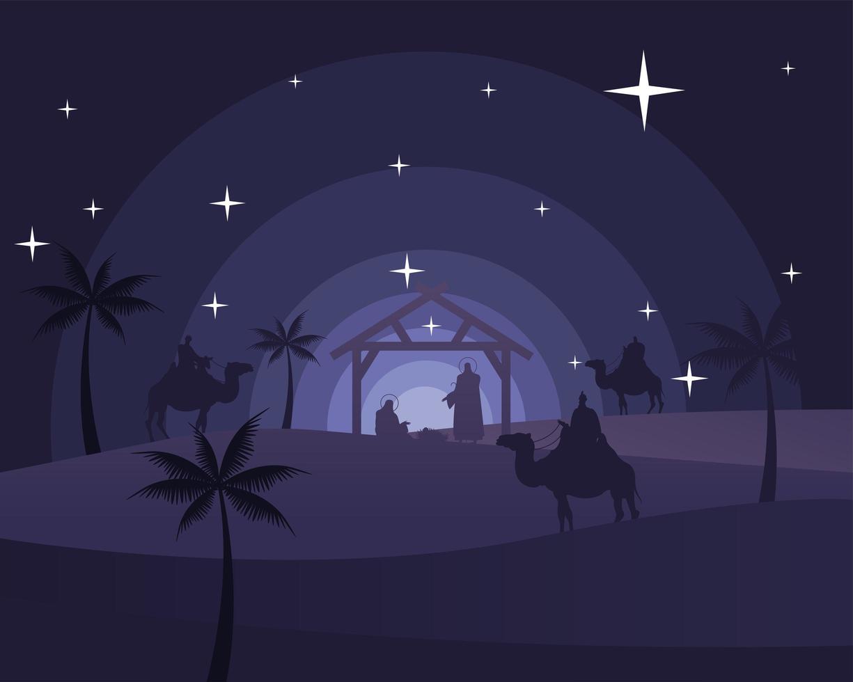 joyeux noël carte avec la sainte famille dans les rois stables et magiques dans la scène de silhouette de chameaux vecteur