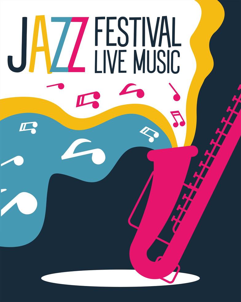 affiche du festival de jazz avec saxophone et notes de musique vecteur