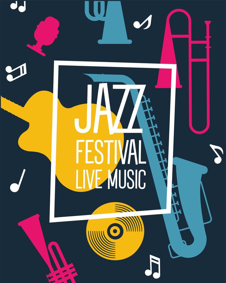 affiche du festival de jazz avec instruments et lettrage vecteur