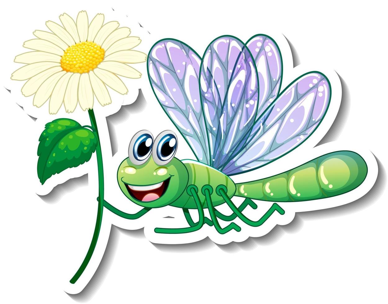 modèle d'autocollant avec personnage de dessin animé d'une libellule tenant une fleur isolée vecteur