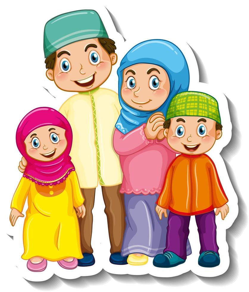 modèle d'autocollant avec personnage de dessin animé de famille musulmane vecteur