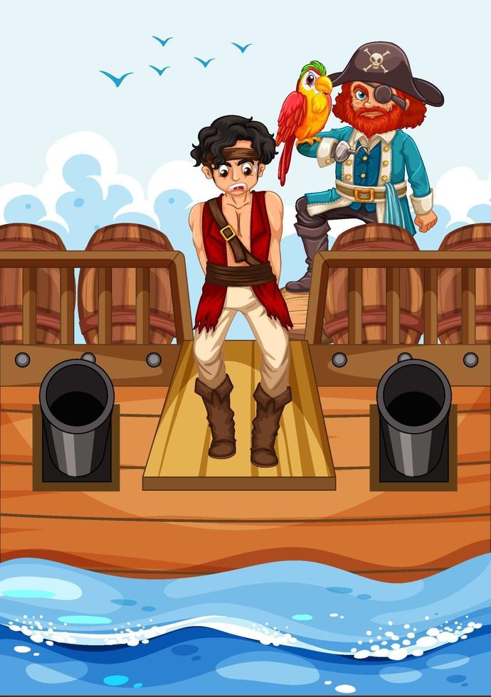 concept de pirate avec un personnage de dessin animé de garçon marchant sur la planche sur le navire isolé vecteur