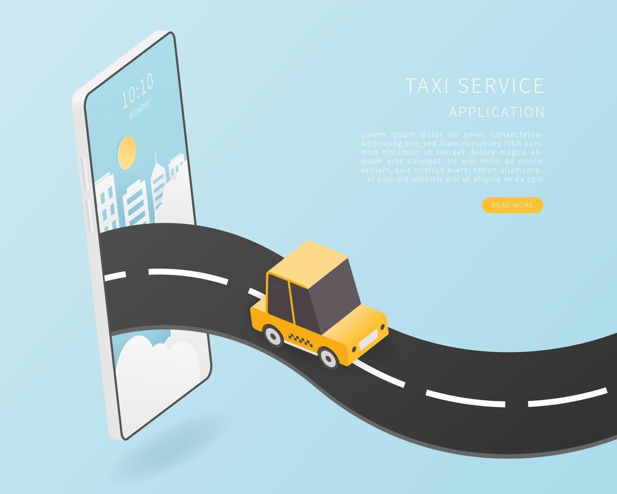 taxi intelligent. concept de service de taxi en ligne. vecteur isométrique plat avec voiture de taxi, carte et smartphone. illustration vectorielle.