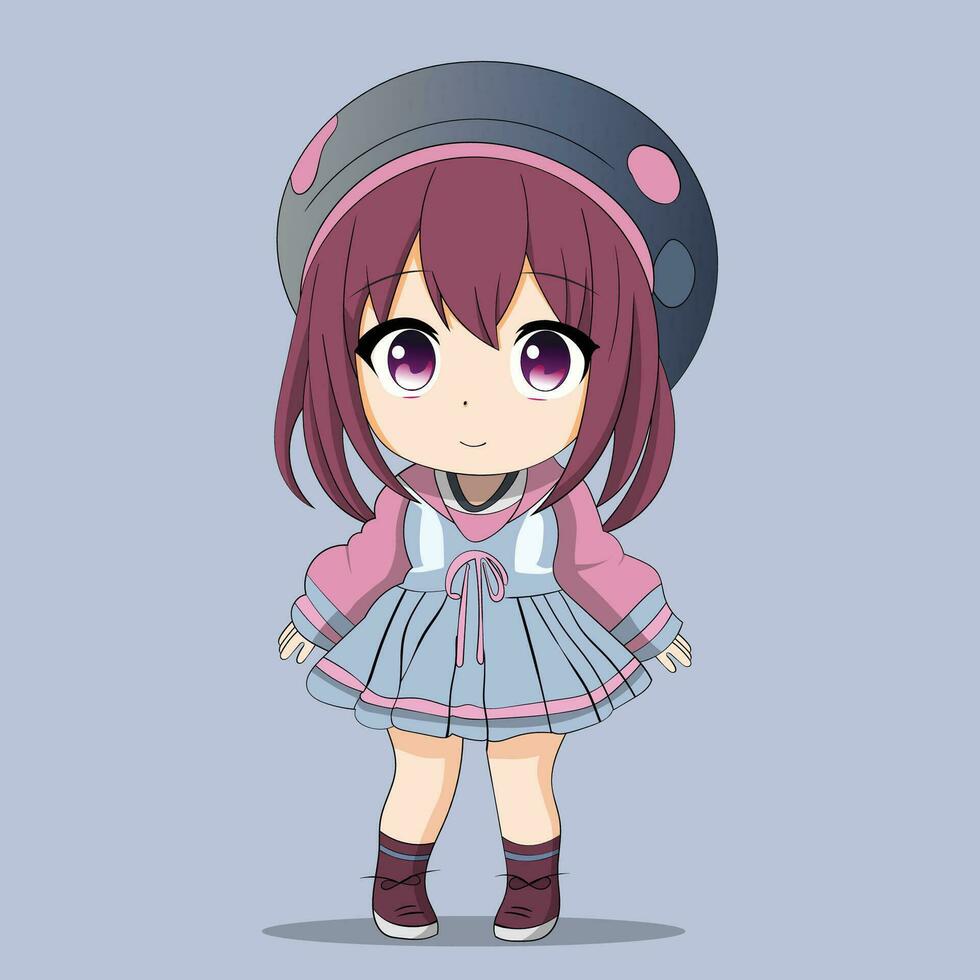 chibi anime mignonne dessin animé kawaii avec foncé rouge cheveux et violet yeux vecteur