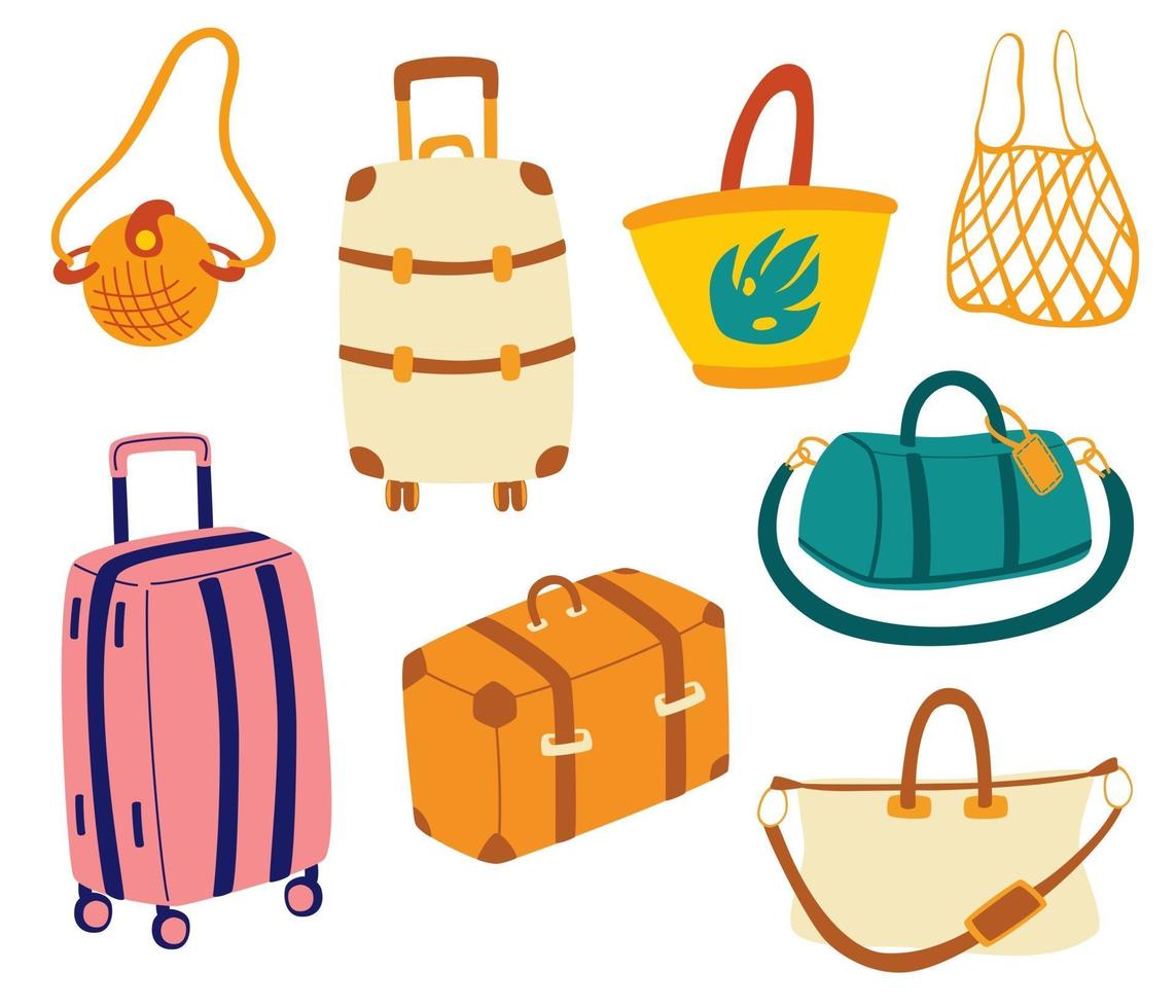 ensemble de sacs. valises de voyage touristiques, sacs de voyage, bagages, sacs pour voyages d'affaires, vacances, loisirs. vacances d'été. illustration vectorielle de voyage dessin animé. vecteur