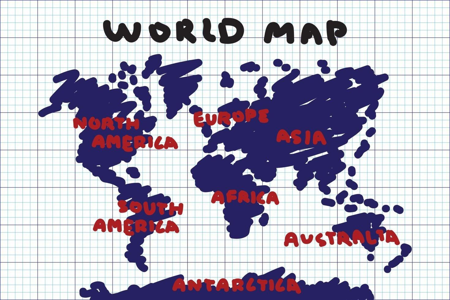 style de dessin à main levée de la carte du monde et du continent sur papier quadrillé. vecteur