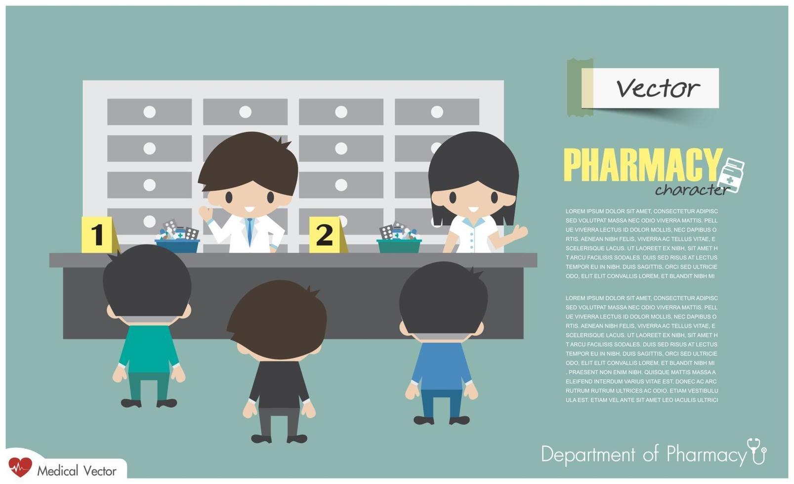 département de pharmacie. les pharmaciens dispensent aux patients hospitalisés. conception plate. vecteur. vecteur