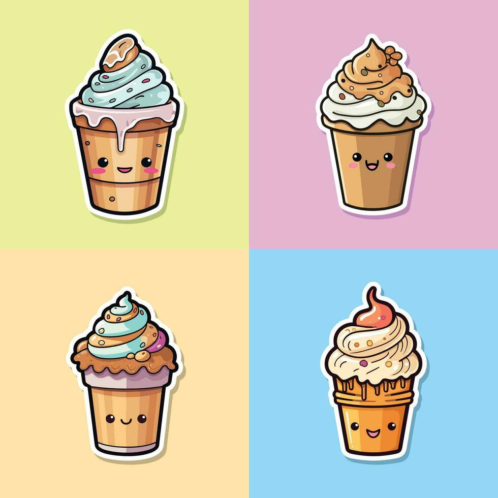 café la glace crème autocollant cool couleurs kawaii agrafe art illustration collection vecteur