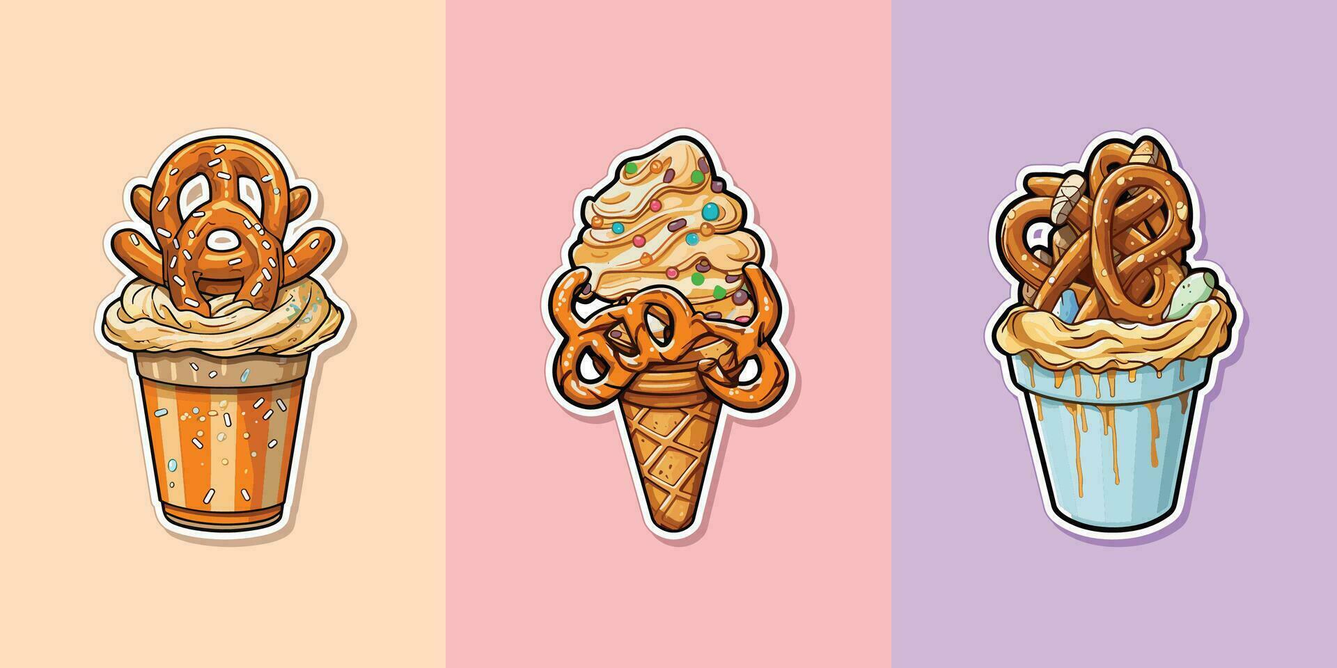 salé caramel bretzel la glace crème autocollant cool couleurs kawaii agrafe art illustration collection vecteur