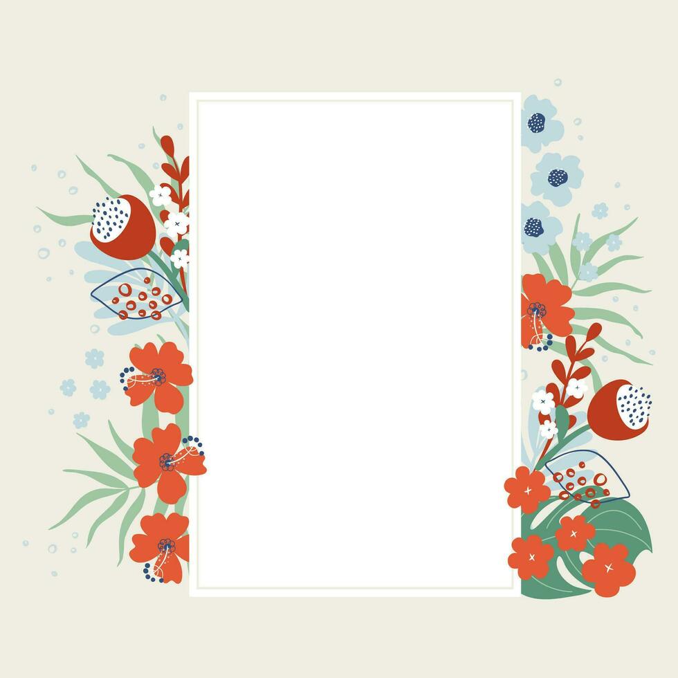 floral photo cadre, modèle pour texte, salutation carte ou invitation. social médias poste. vecteur illustration avec vibrant tropical fleurs et feuilles.