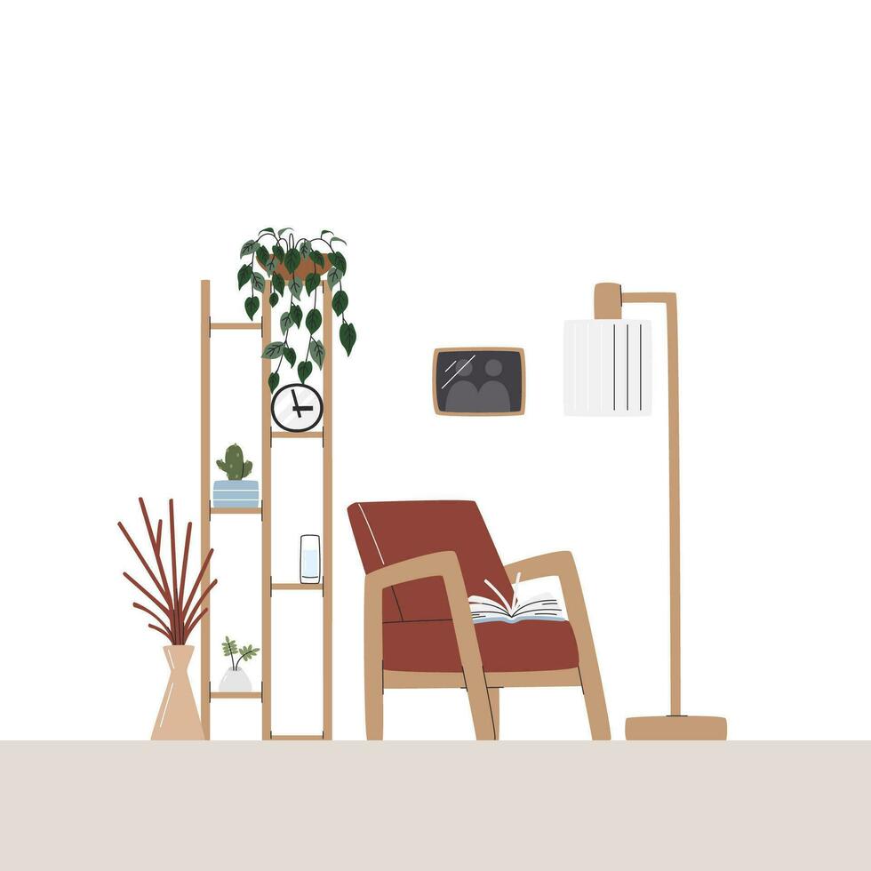 haute en bois supporter plein de plantes d'intérieur avec horloge. intimité zone décoré avec photo et sol lampe. confortable fauteuil avec ouvert livre sur. confortable vivant pièce intérieur main tiré plat vecteur illustration