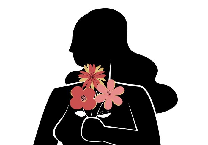 Fille silhouette avec bouquet de fleurs vecteur