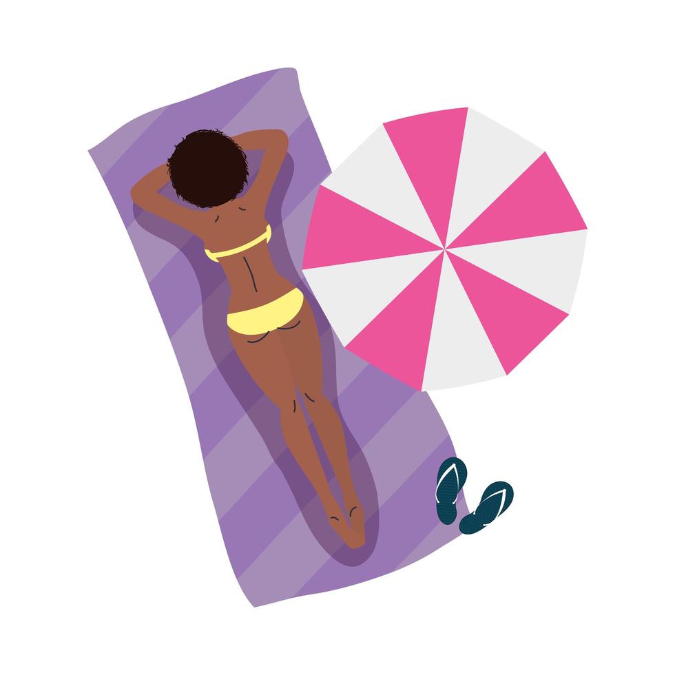 caricature de fille avec bikini et parapluie sur la conception de vecteur de serviette