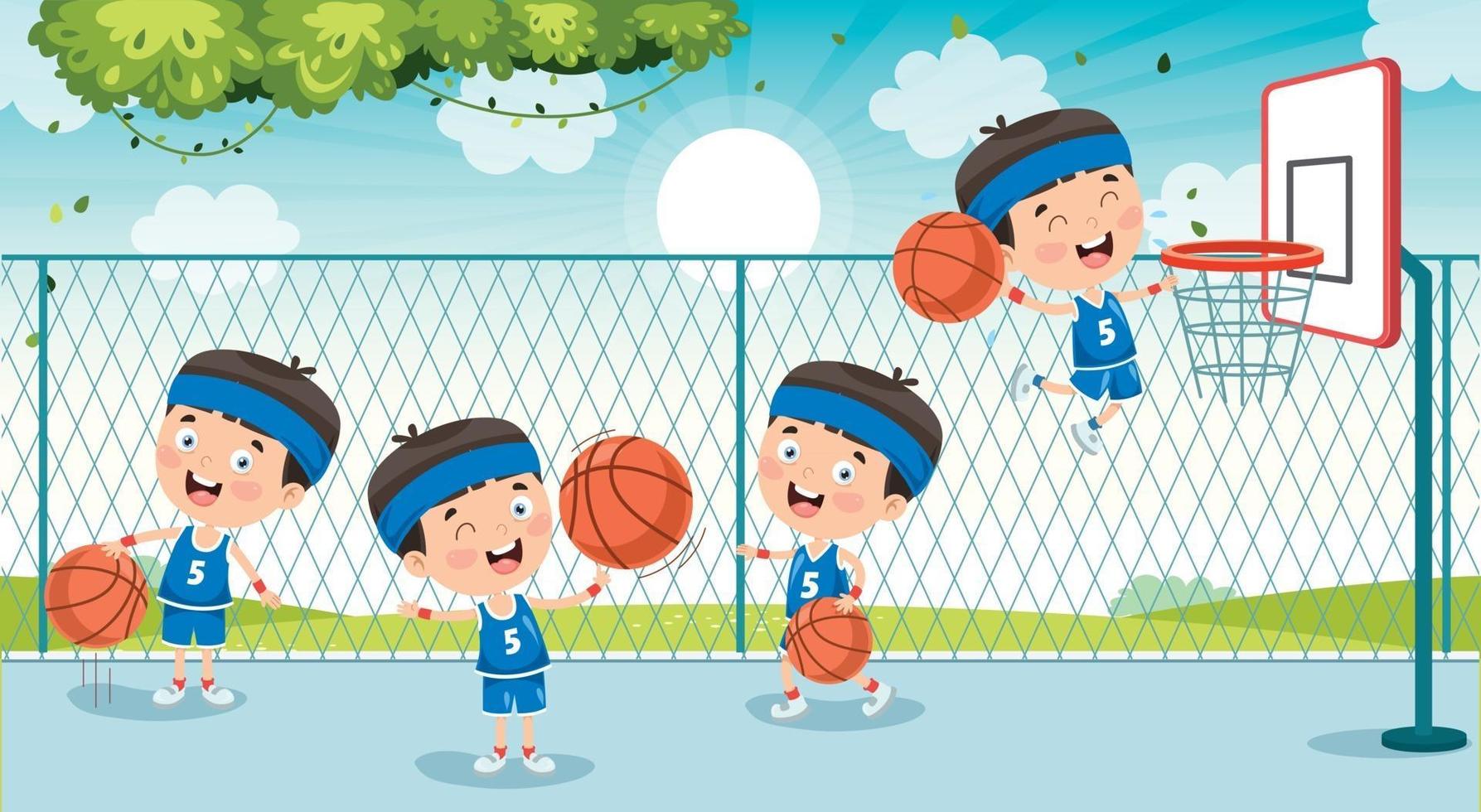 petit enfant jouant au basket vecteur