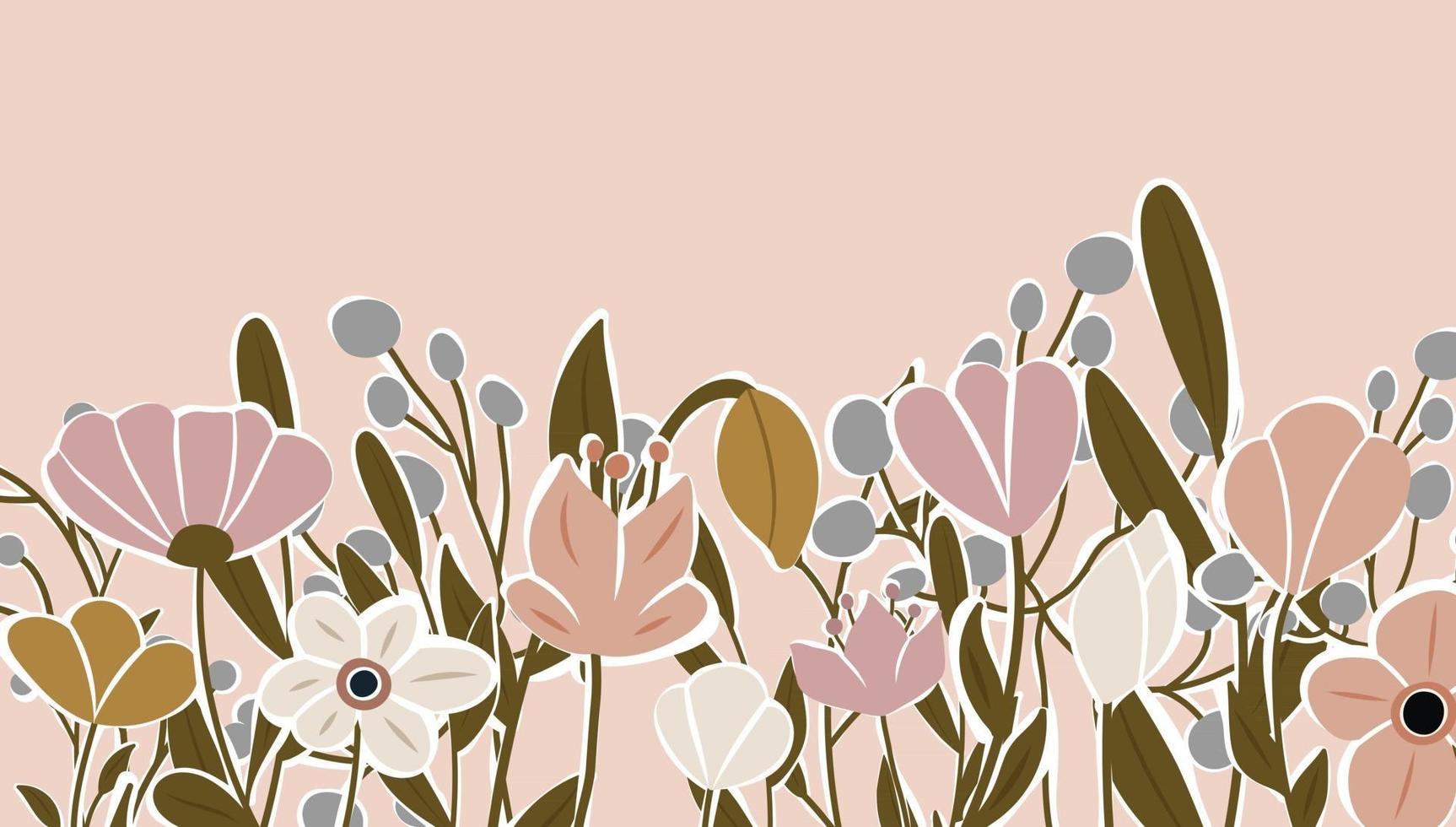 toile de fond horizontale décorée de fleurs épanouies et bordure de feuilles. vecteur de fond nature art abstrait. cadre de plantes à la mode. jardin de fleurs. conception de motifs floraux botaniques pour la bannière de vente d'été