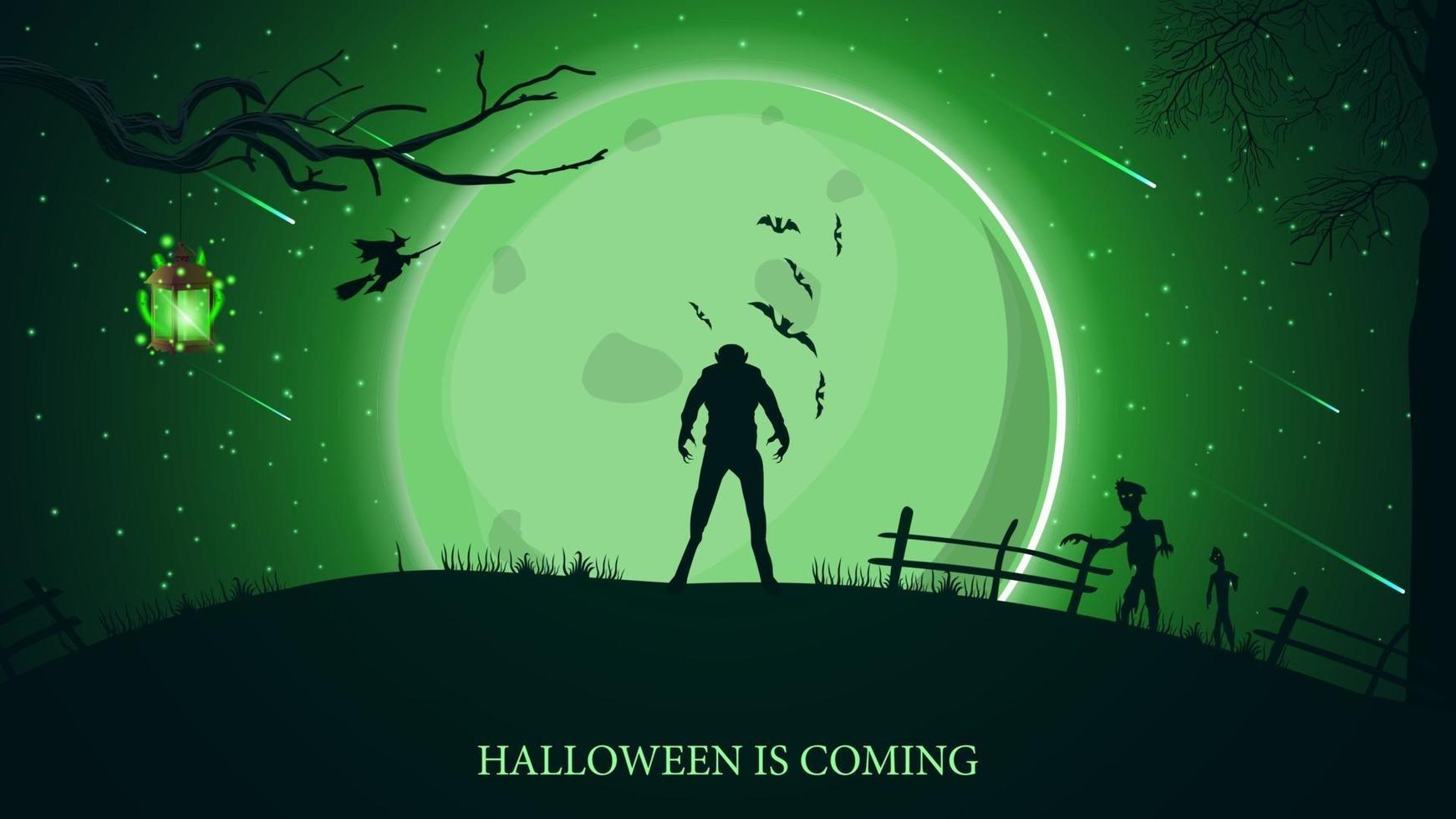 halloween arrive, belle carte postale de voeux horizontale avec paysage vert halloween, loup-garou, grande pleine lune et zombie vecteur