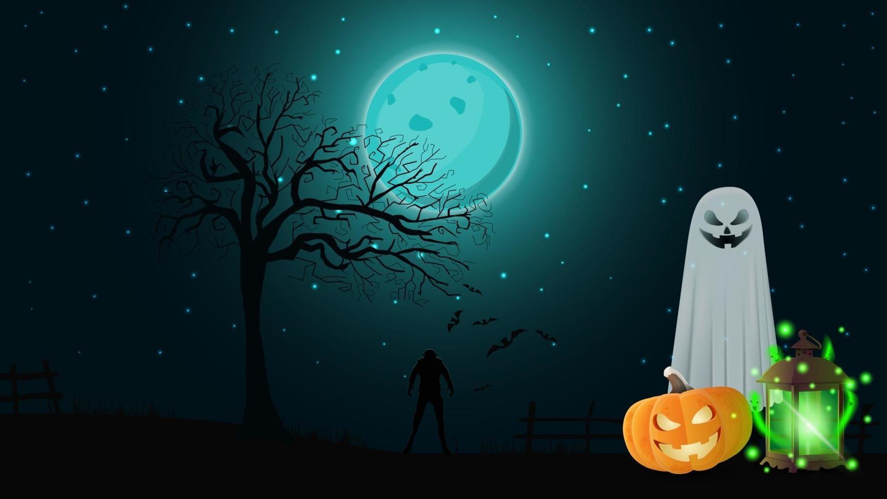 fond d'halloween pour votre créativité avec paysage nocturne, fantômes, citrouille jack et ancienne lanterne avec fantômes vecteur
