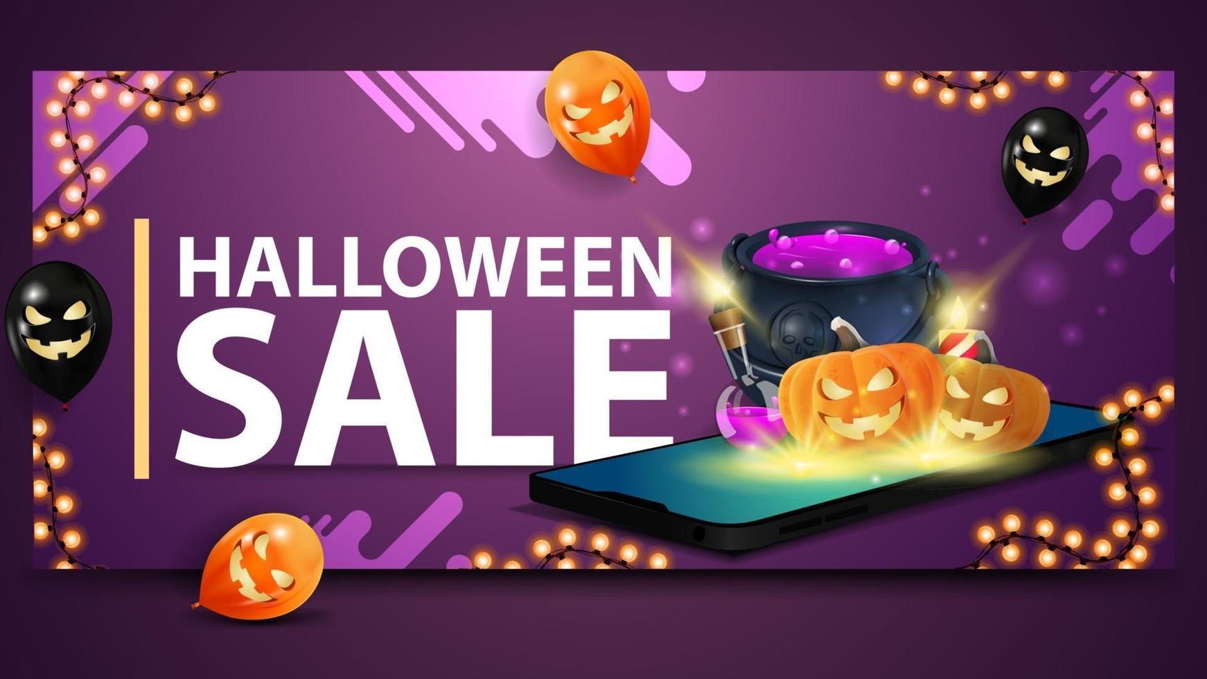 vente d'halloween, bannière violette moderne pour site web avec ballons, guirlande et smartphone à partir desquels il est projeté le chaudron de sorcière et la citrouille jack vecteur