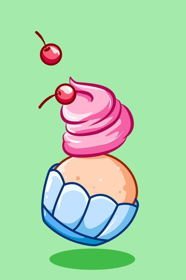 cupcake sucré avec illustration de dessin animé crème rose et cerise vecteur