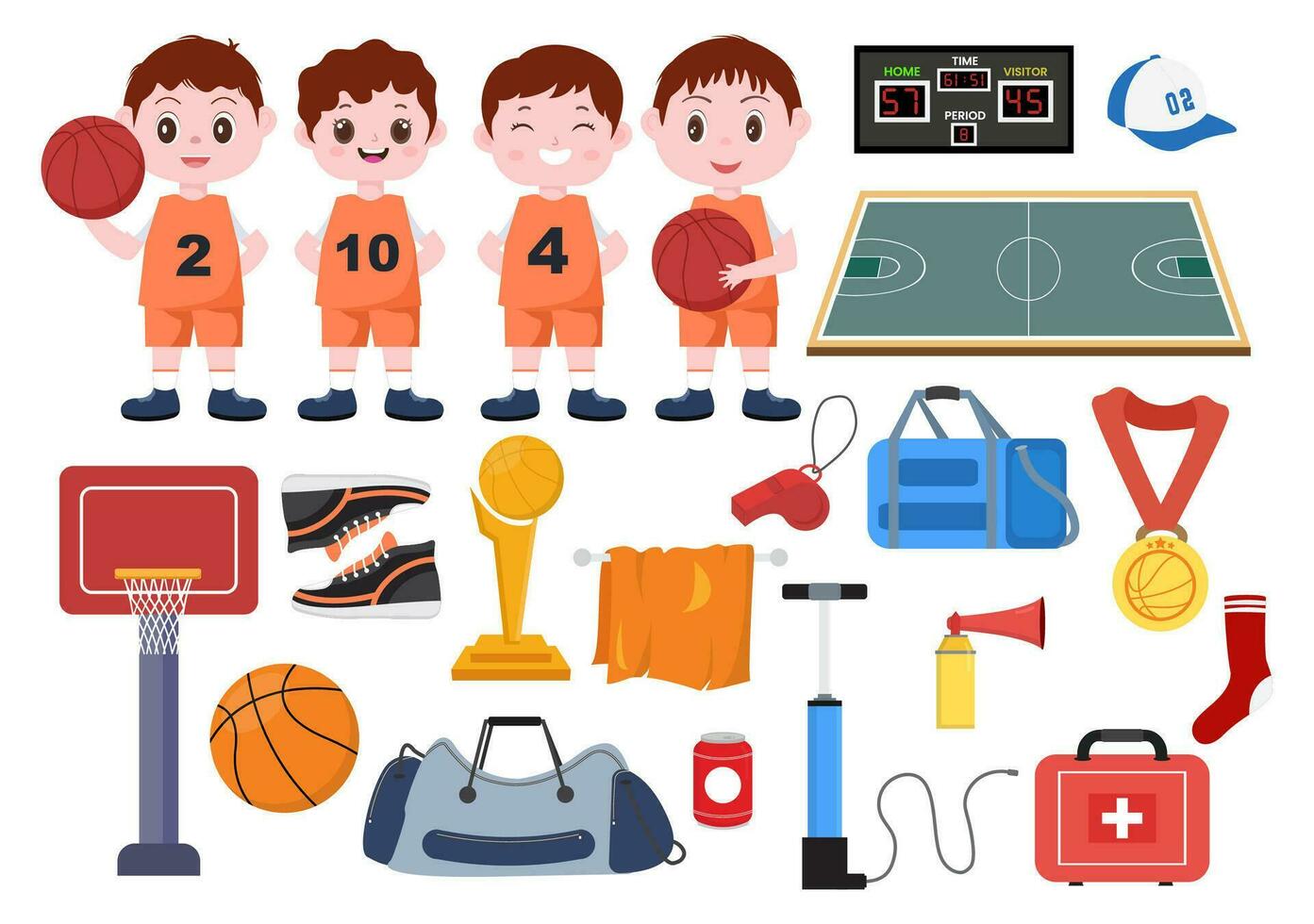 ensemble basketball élément vecteur illustration avec divers équipement ballons de basket Contexte dans plat dessin animé pour la toile bannière ou autocollant modèles