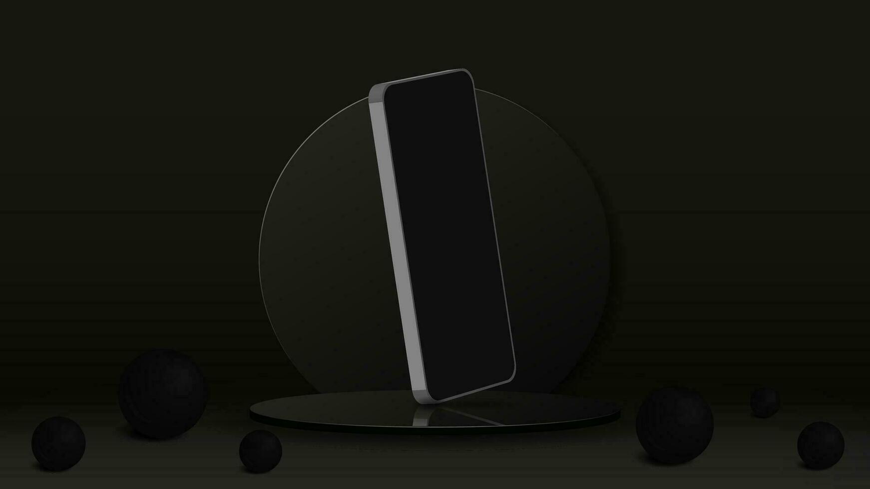 3d téléphone intelligent sur une brillant podium dans noir et blanche. une concept pour une site Internet et une mobile application. vecteur