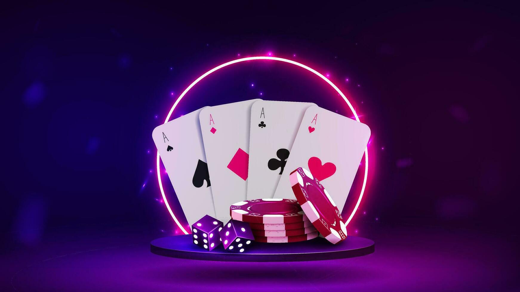 3d puces, dé et cartes pour poker et casino sur le podium avec une brillant néon cambre dans bleu et violet sur une lumière Contexte. vecteur