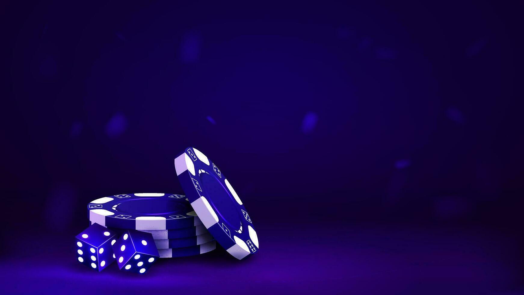 3d poker frites et dé dans bleu. une concept pour une casino sur une embrasé brillant Contexte. vecteur