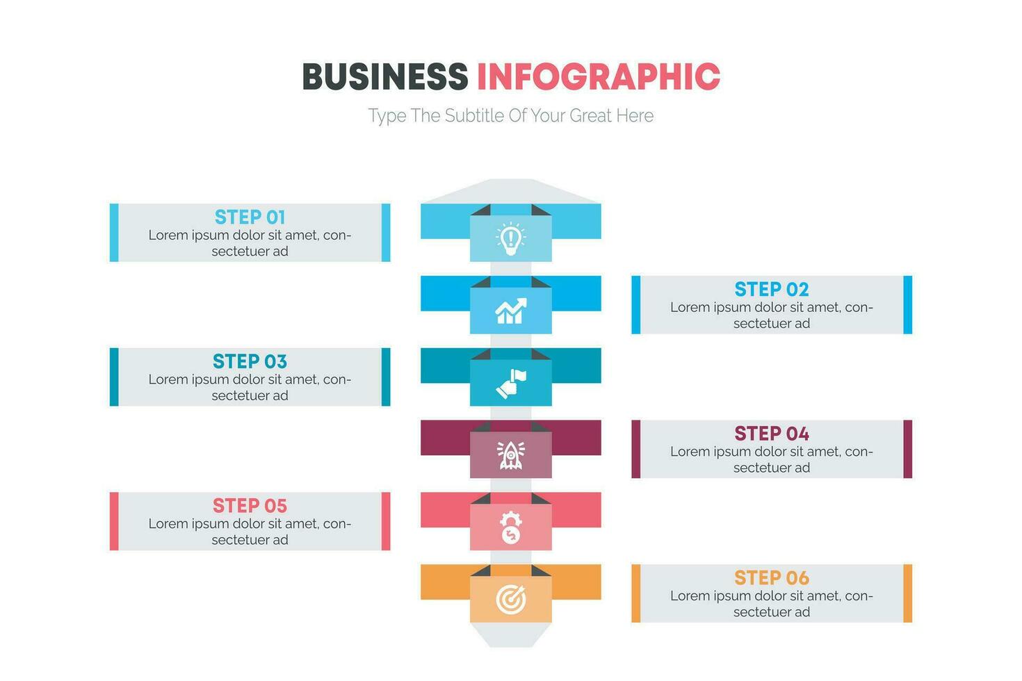 mise en page colorée avec 6 points d'étapes ou liste avec des flèches, vecteur de modèle d'élément infographique.