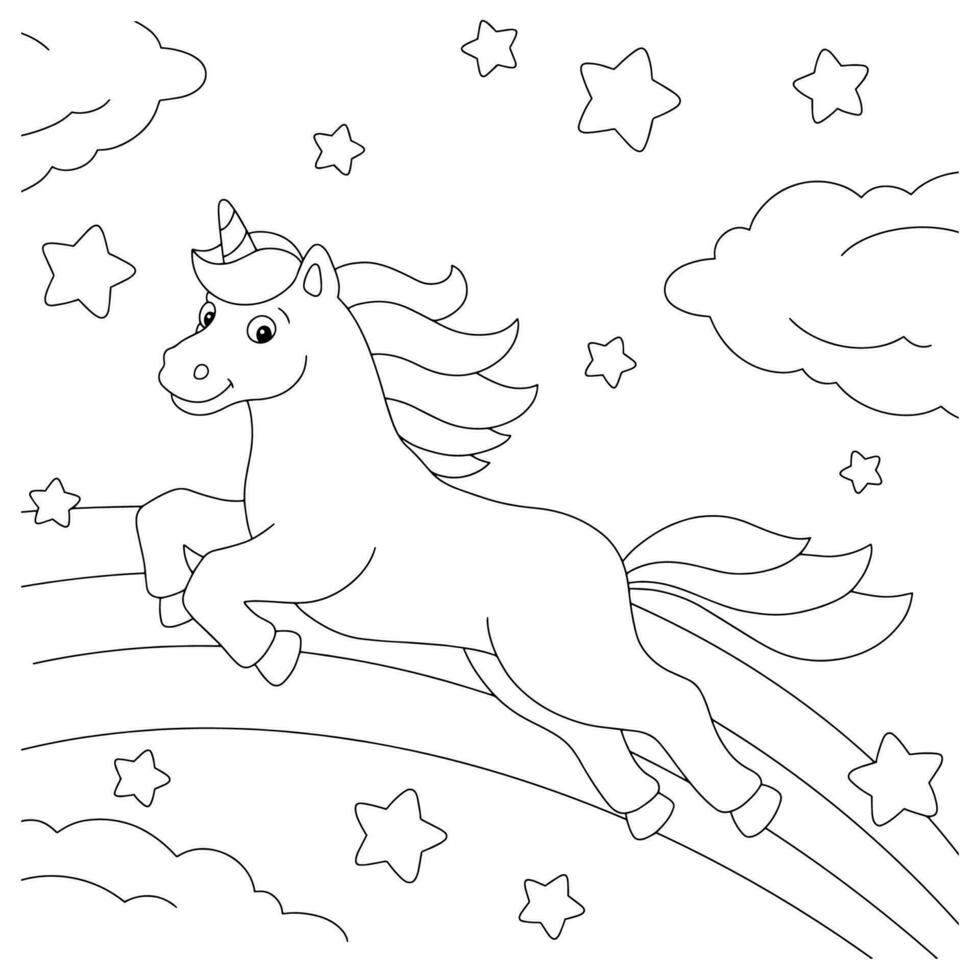 une Licorne en volant à travers le ciel. coloration livre page pour enfants. dessin animé style personnage. vecteur illustration isolé sur blanc Contexte.