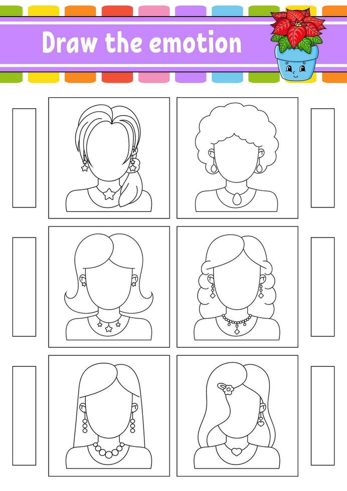 dessiner l'émotion. feuille de travail complète le visage. livre de coloriage pour les enfants. caractère joyeux. illustration vectorielle. silhouette de contour noir. illustration vectorielle. vecteur