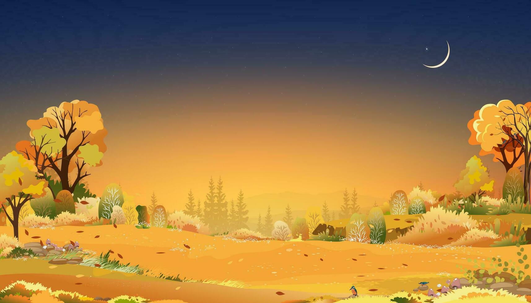 l'automne rural paysage dans soir lumière avec bleu et Orange ciel arrière-plan, vecteur dessin animé tomber saison à campagne avec forêt arbre et herbe champ avec lever du soleil, toile de fond Naturel bannière
