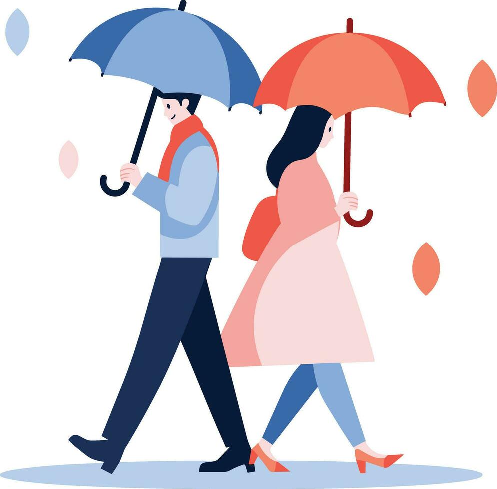 main tiré couple en portant parapluies dans le pluie dans plat style vecteur