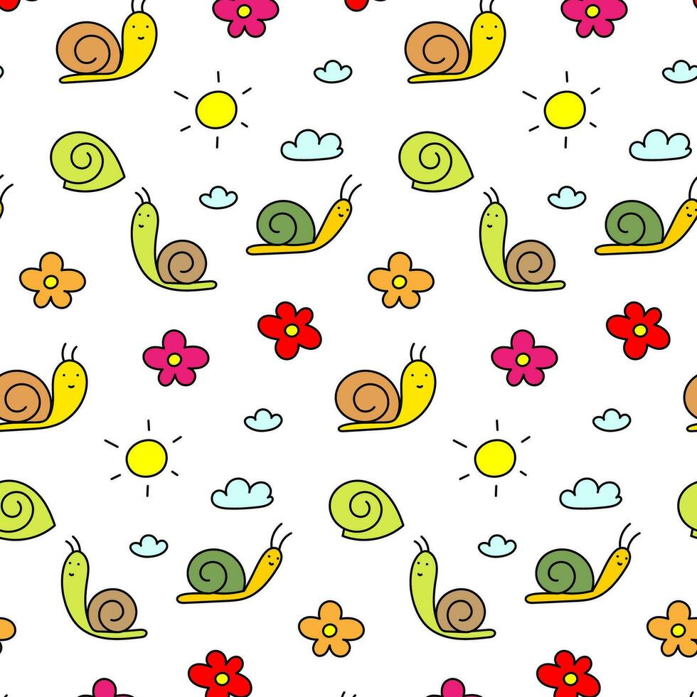 coloré vecteur modèle de différent escargots, fleurs et le Soleil sur le ciel