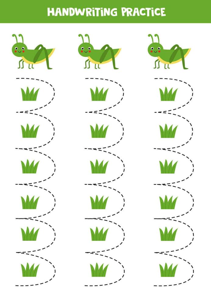 tracé lignes pour enfants. mignonne sauterelle et vert des buissons. écriture entraine toi. vecteur