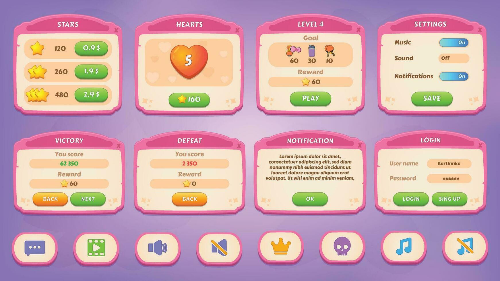 gui trousse décontractée les atouts pour une Jeu mobile, une ensemble de utilisateur interface éléments et pop-up pour le Jeu interface. vecteur