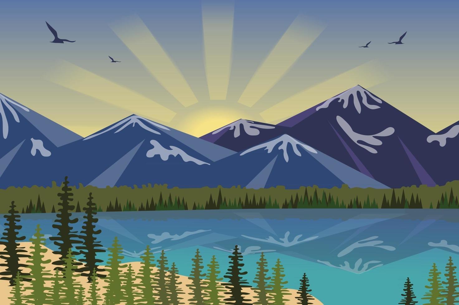 lever du soleil au lac en arrière-plan de paysage de montagnes dans un style plat vecteur