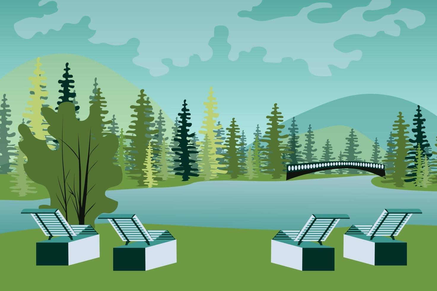 parc avec chaises longues au bord du lac fond de paysage dans un style plat vecteur