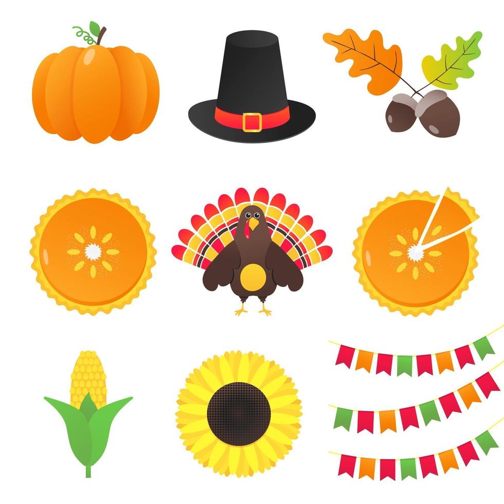 collection vectorielle d'éléments d'automne et de choses de jour de Thanksgiving mis en version dégradée de conception de style plat isolée sur fond blanc. citrouille, chapeau de pèlerin, gland, tarte, dinde, maïs, drapeaux, tournesol. vecteur