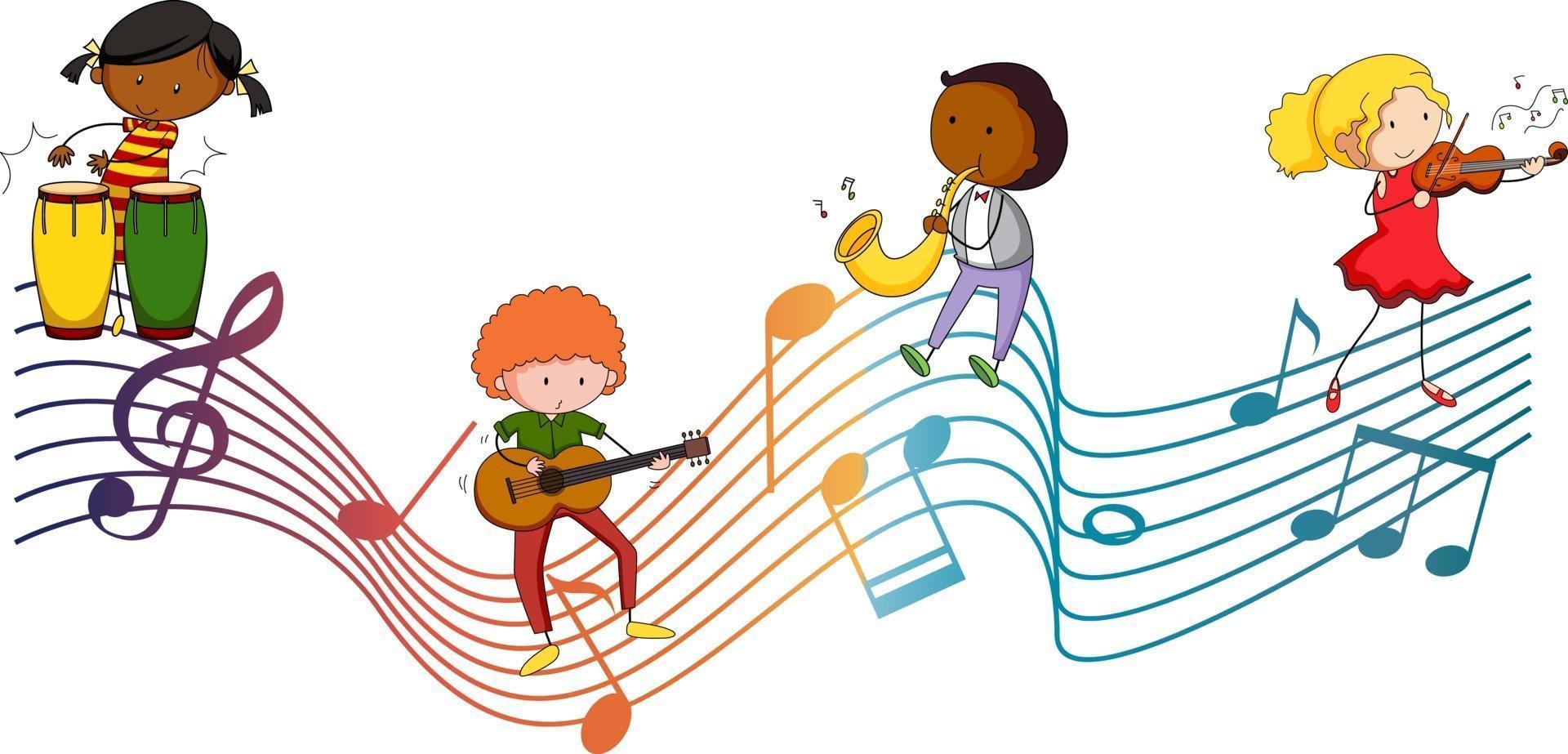 symboles de mélodie musicale avec de nombreux personnages de dessins animés pour enfants doodle vecteur