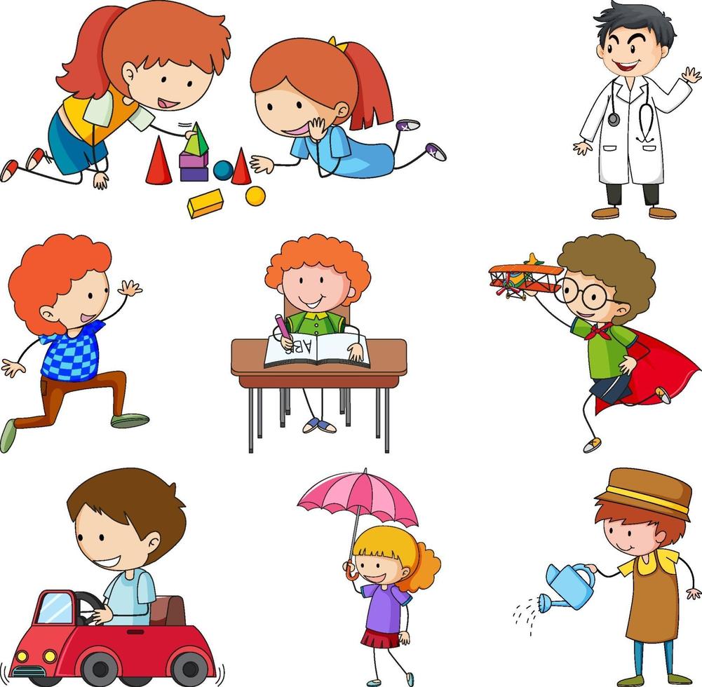 ensemble de différents personnages de dessin animé enfants doodle isolé vecteur
